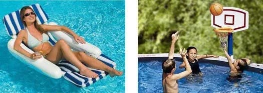 woman lounging on floating in pool and kids playing basketball in pool